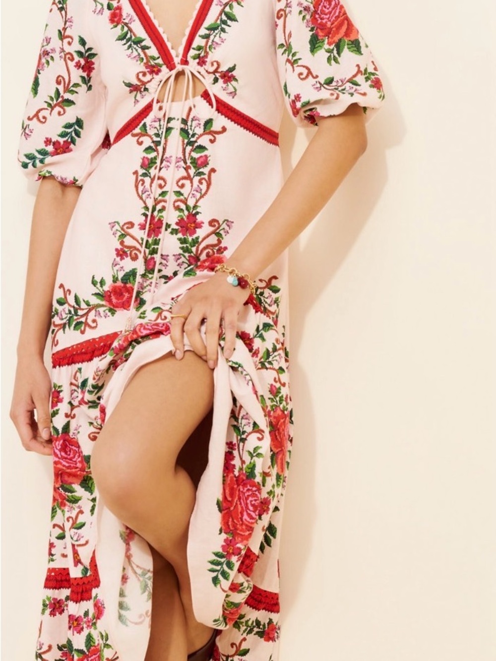 FARM Rio Pink Maxi Dress with Red & Green Floral Embroidery